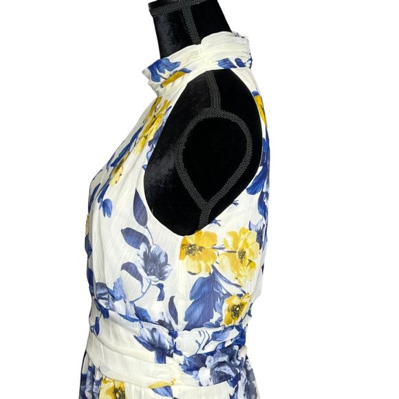 Enfocus Studio Dress Womens 10 Blue Yellow Sleeveless High Neck Floral Fit Flare - Picture 8 of 16